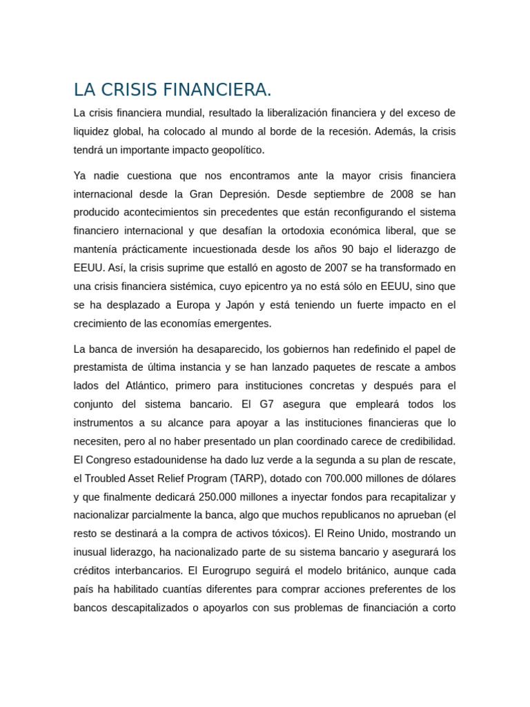Impacto de la Crisis Financiera Global | PDF | Bancos | Economía política
