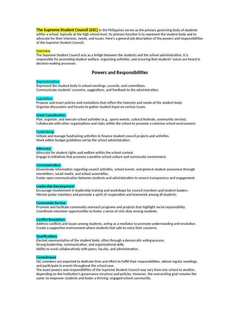 Role of the Supreme Student Council | PDF | Leadership | Civic Engagement