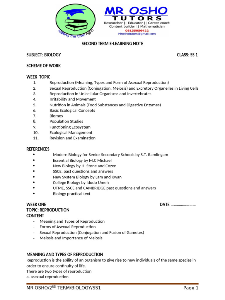 Second Term Ss1 Biology Pdf Meiosis Sexual Reproduction