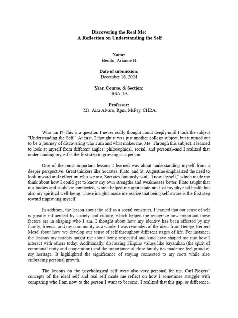 Understanding The Self Reflection Paper | PDF | Philosophy Of Self | Self