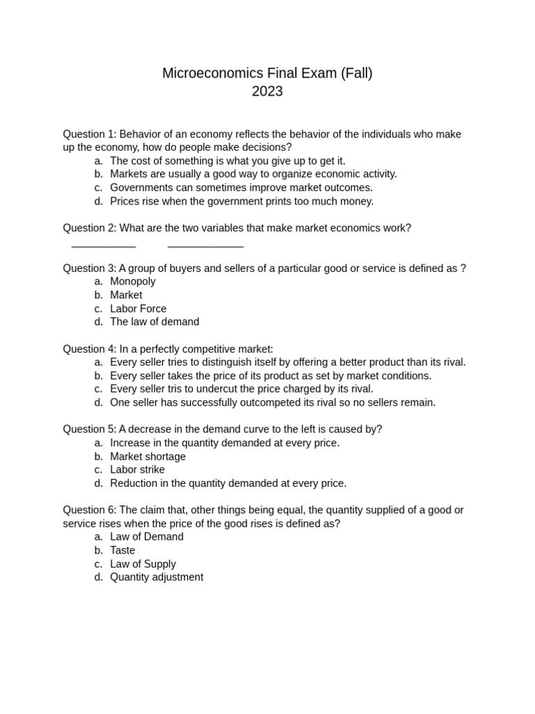 Microeconomics Final Exam Questions 2023 | PDF | Demand | Labour Economics