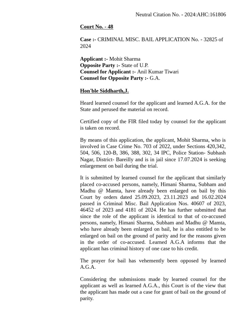 Mohit Sharma Bail Application Ruling | PDF | Bail | Legal Action