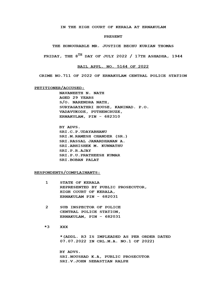 Kerala High Court Bail Order 2022 | PDF | Bail | Crime & Violence