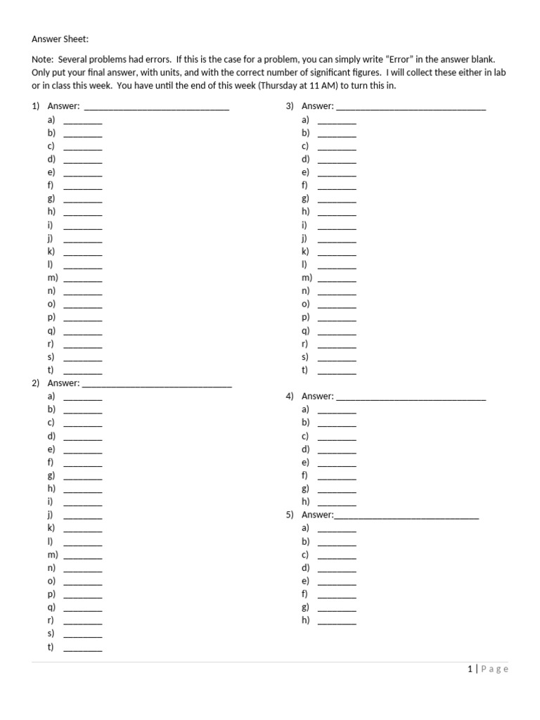 1551 Pre-Exam II Answer Page | PDF
