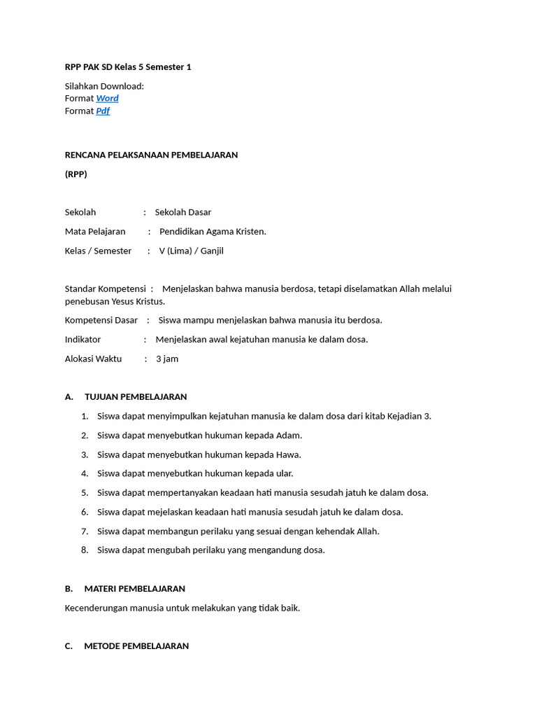 RPP PAK SD Kelas 5: Dosa dan Kesalahan | PDF
