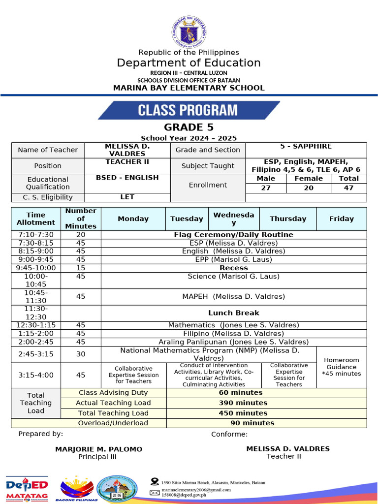 Matatag class program sy 2024 2025 new grades 5 pdf schools