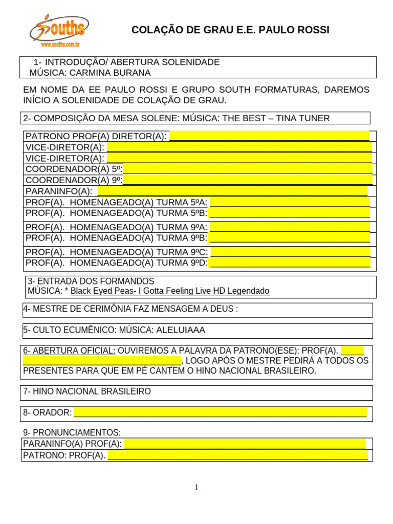 Roteiro Colação de Grau | PDF