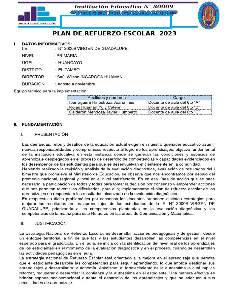Plan de Refuerzo Escolar 2023 | PDF | Evaluación | Educación primaria