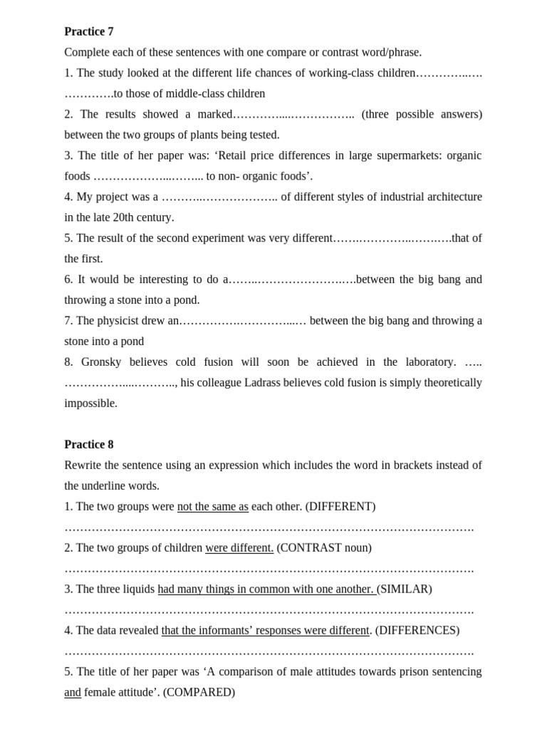 Compare and Contrast Sentence Exercises | PDF | Linguistics | Human ...