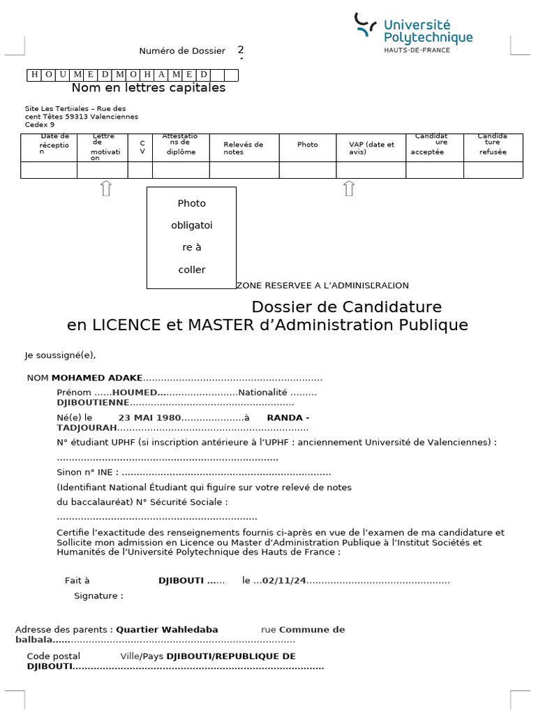 Candidature Licence AES UPHF PDF — free download
