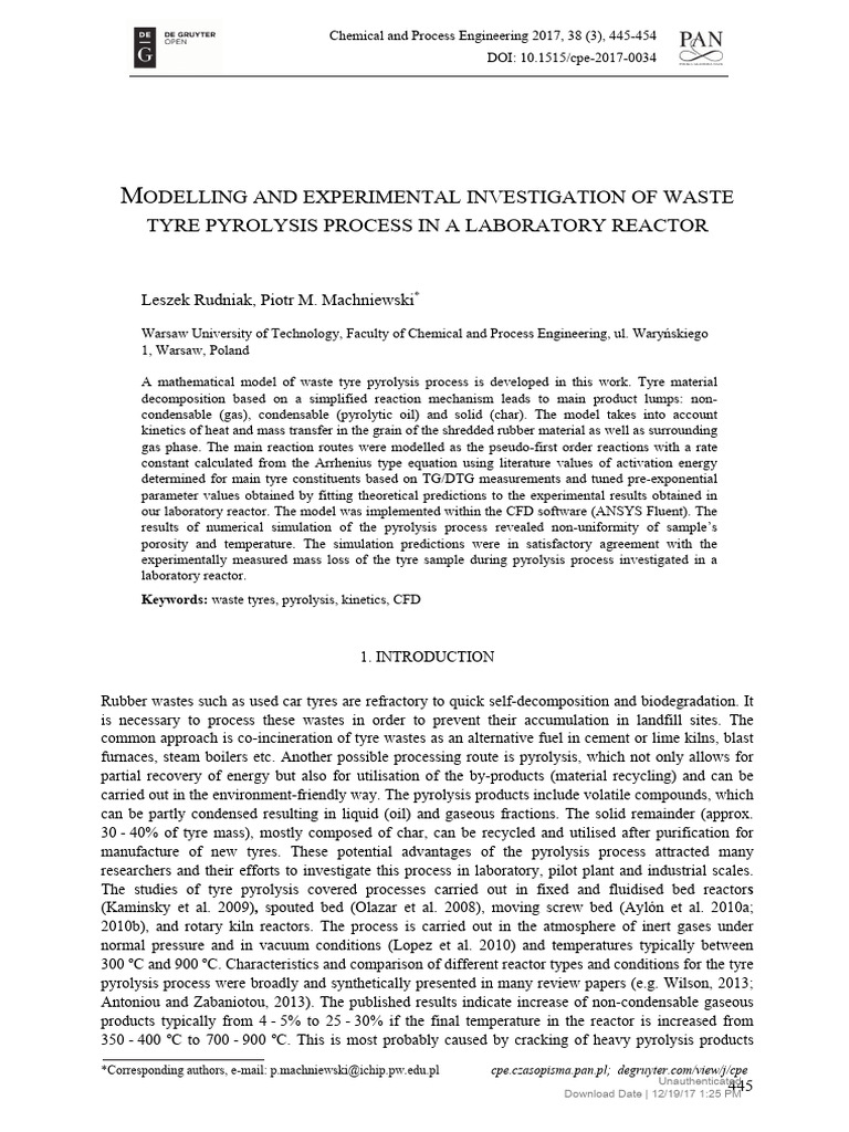 Waste Tyre Pyrolysis Modeling Study | PDF | Pyrolysis | Gases
