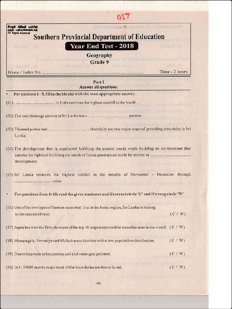 Southern Province Grade 9 Geography 2018 3 Term Test Paper ...