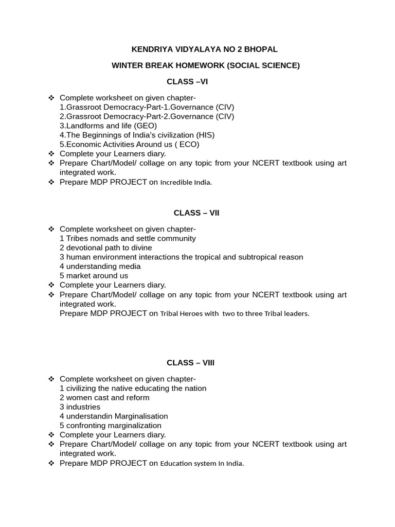 Winter Break Homework for Class VI-X | PDF