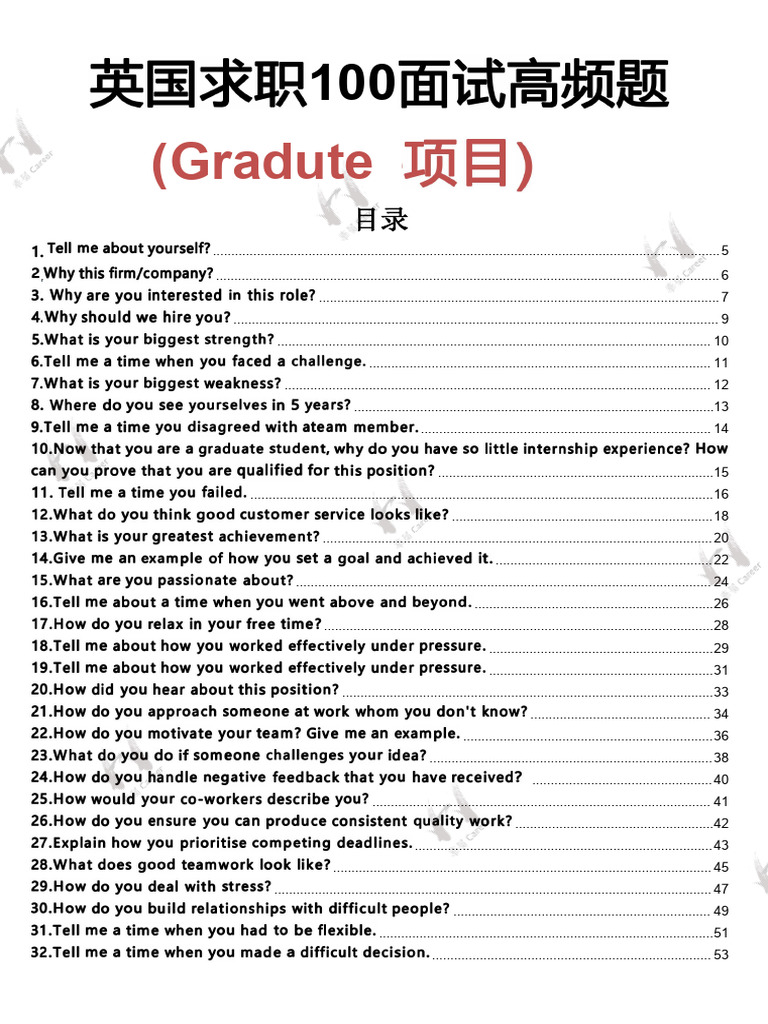 英国求职100面试高频题（Graduate 英文版) | PDF | Cognition