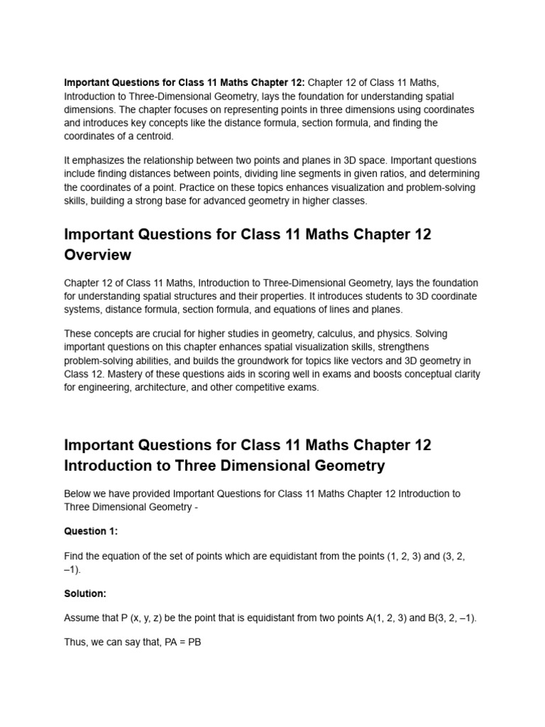 Key Questions for Class 11 3D Geometry | PDF | Geometry | Mathematics