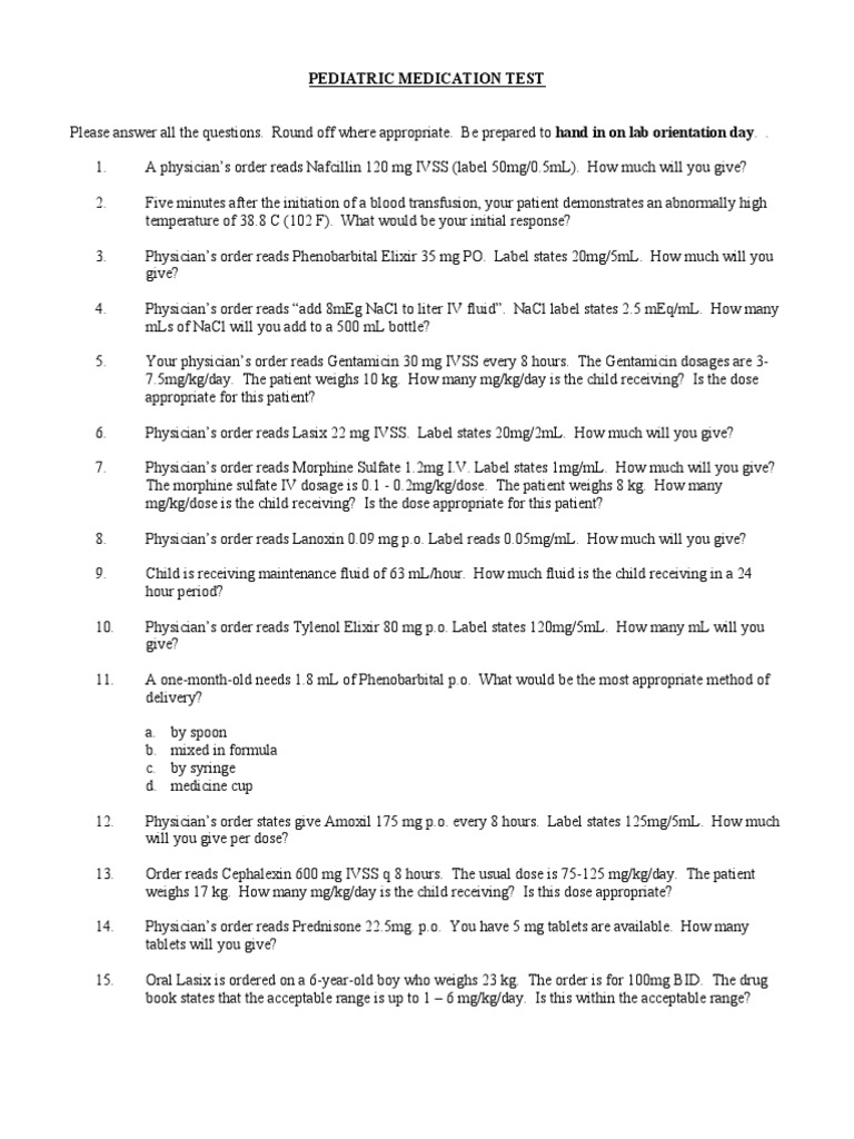 Pediatric Medication Dosage Test | PDF | Drugs | Pharmacology