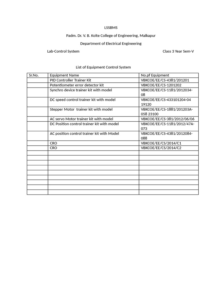 Control System Equipment List | PDF