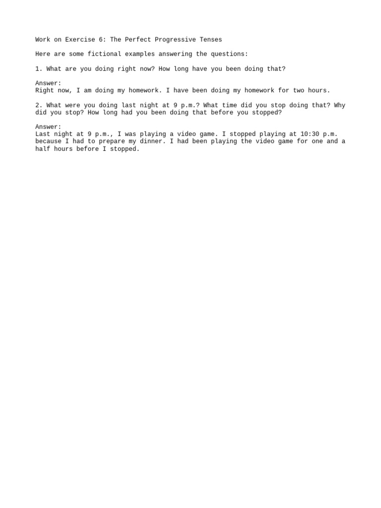 Perfect Progressive Tenses Exercise Guide | PDF