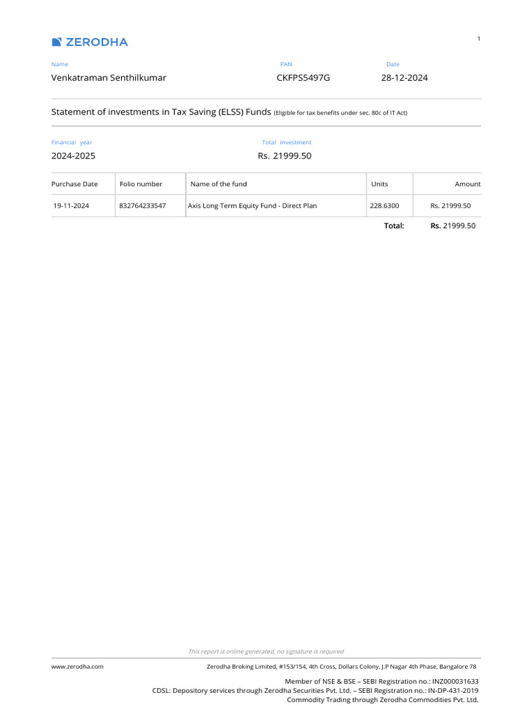 ELSS Tax Saving Investment Statement | PDF