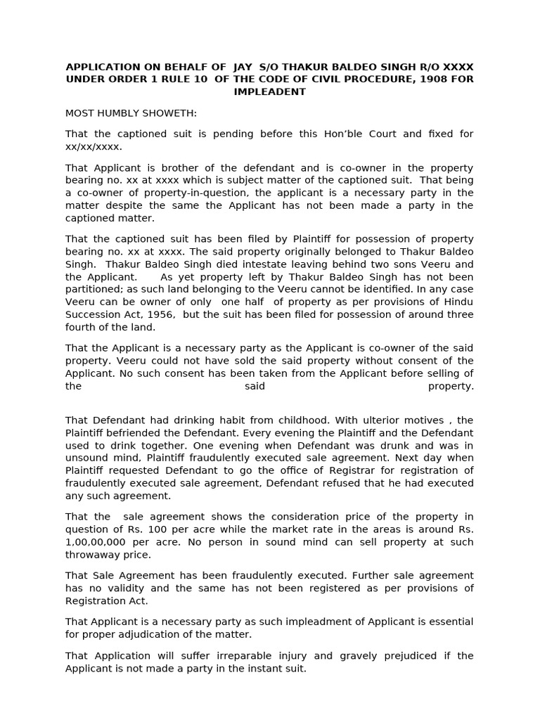 Impleadment Application Under CPC | PDF | Lawsuit | Federal Rules Of ...
