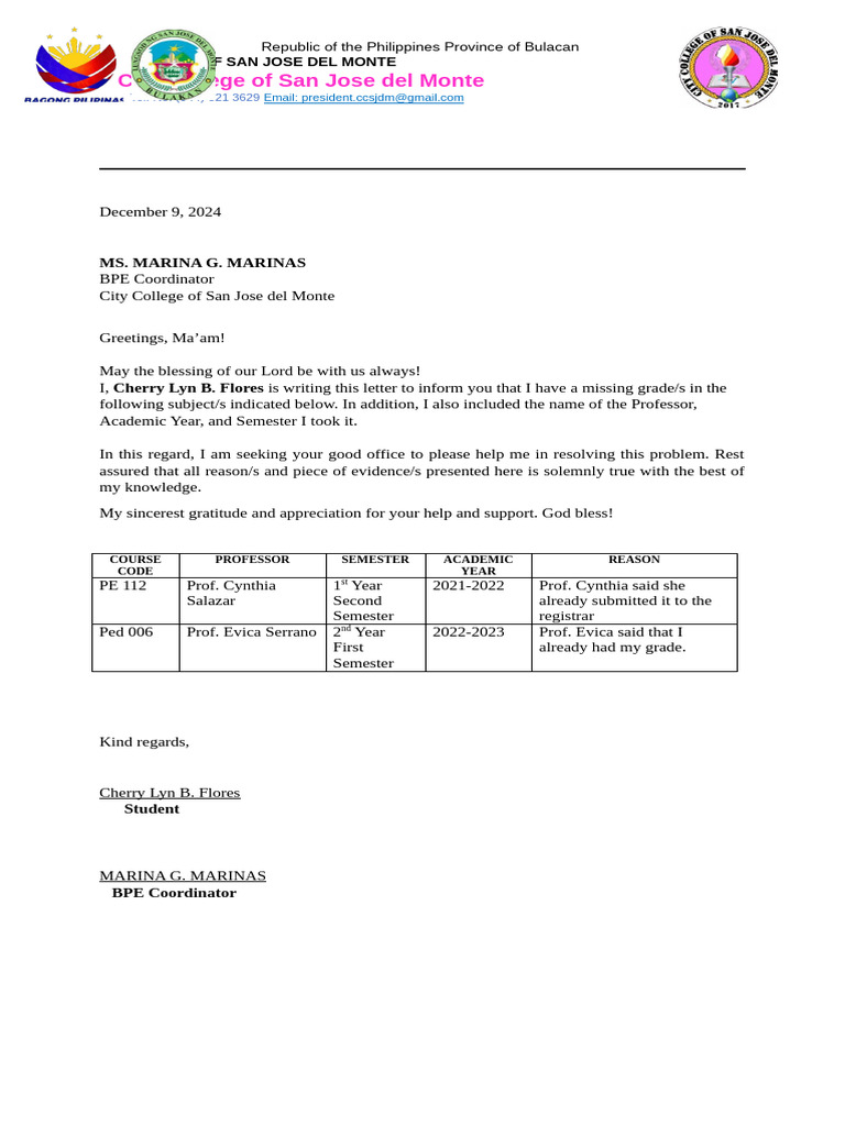 Missing Grades Request Letter | PDF