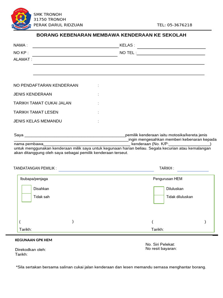Borang Kebenaran Bawa Kenderaan | PDF