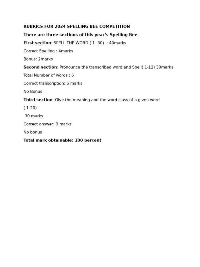 Rubrics For 2024 Spelling Bee | PDF