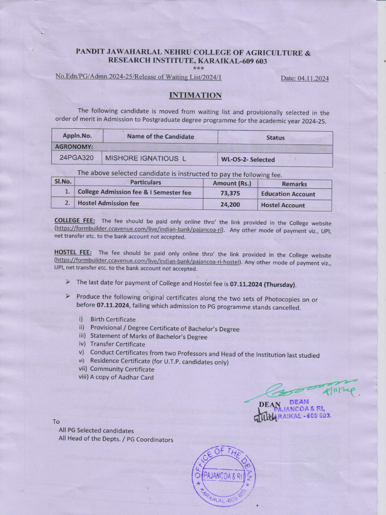 2024 - 11 - 04 - AGR - 2024-25 Batch - Release of Waiting List | PDF