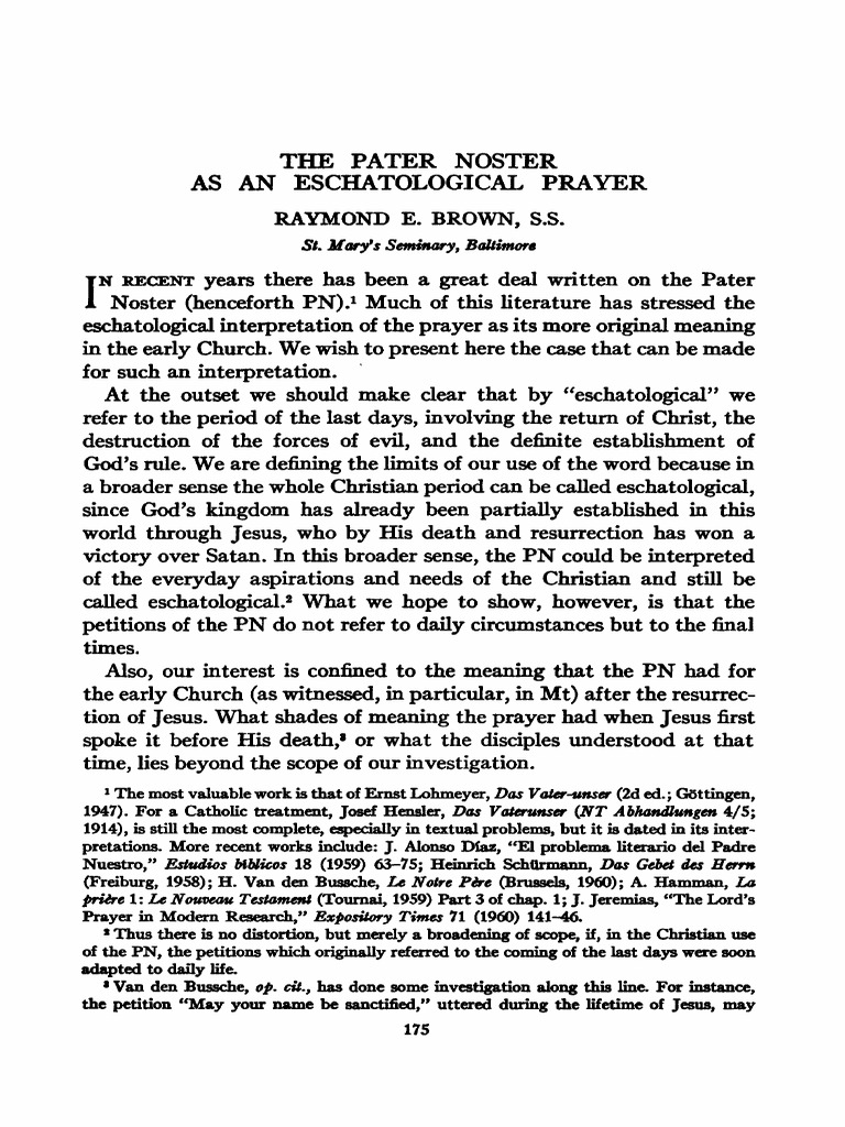 BROWN, Reymond. The Pater Noster As An Eschatological Prayer | PDF ...