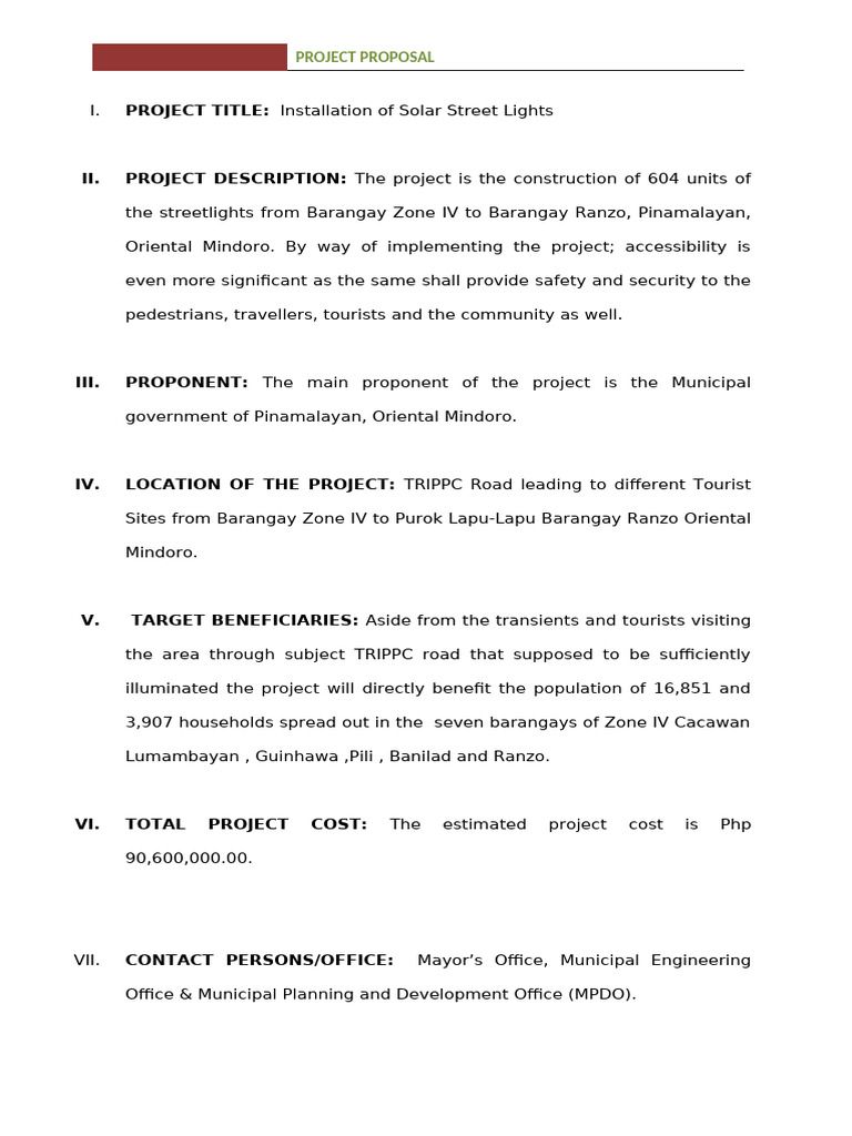 Solar Street Lights Project Proposal | PDF | Light Emitting Diode ...