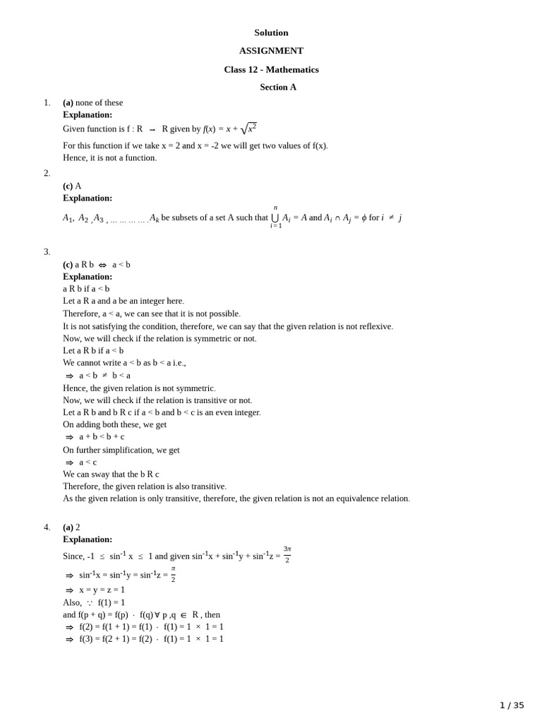 Class 12 Mathematics Assignment Solutions | PDF | Mathematical Logic ...
