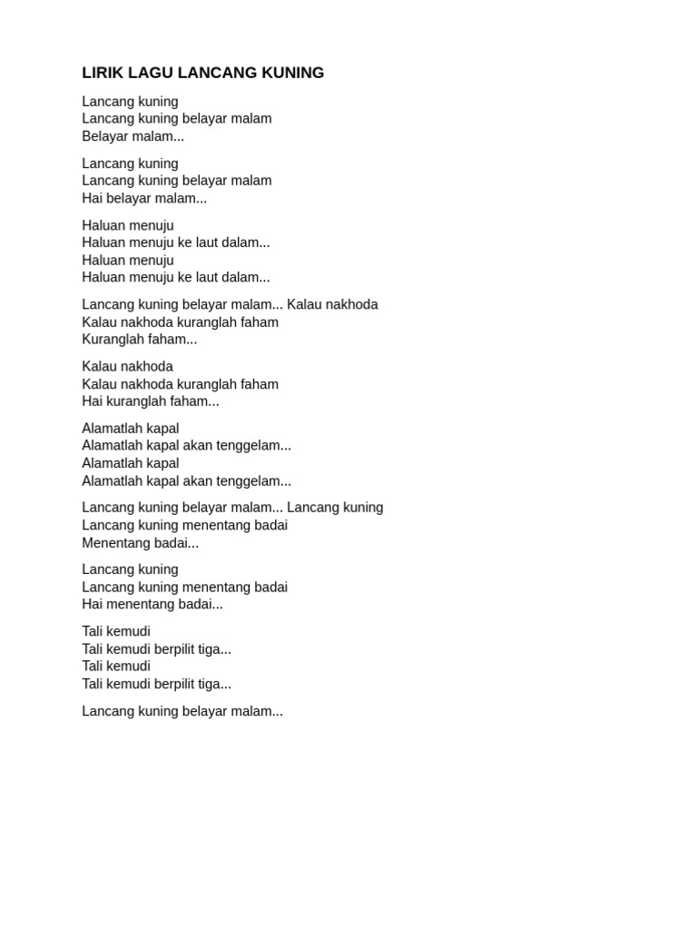 Lirik Lengkap Lagu Lancang Kuning | PDF