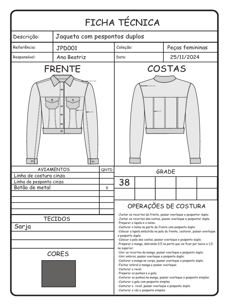 Ficha Técnica: Jaqueta Feminina JPD001 | PDF | Roupas | Artes Têxteis