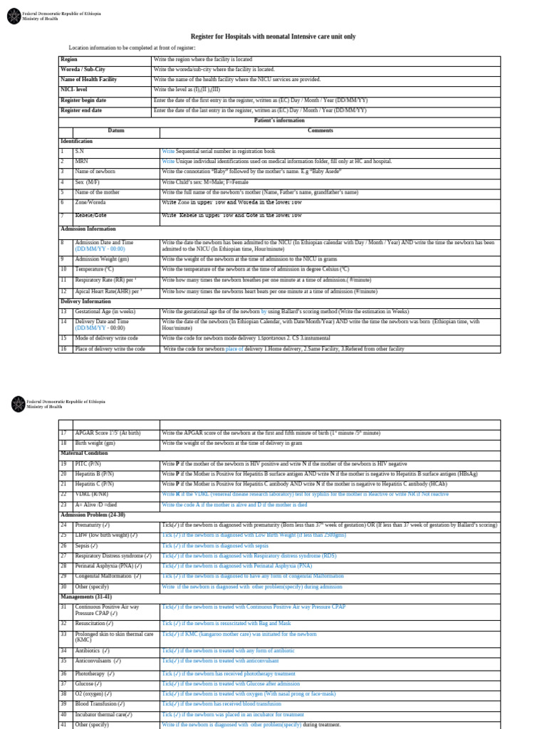 NICU Registration Form Template | PDF | Neonatal Intensive Care Unit ...
