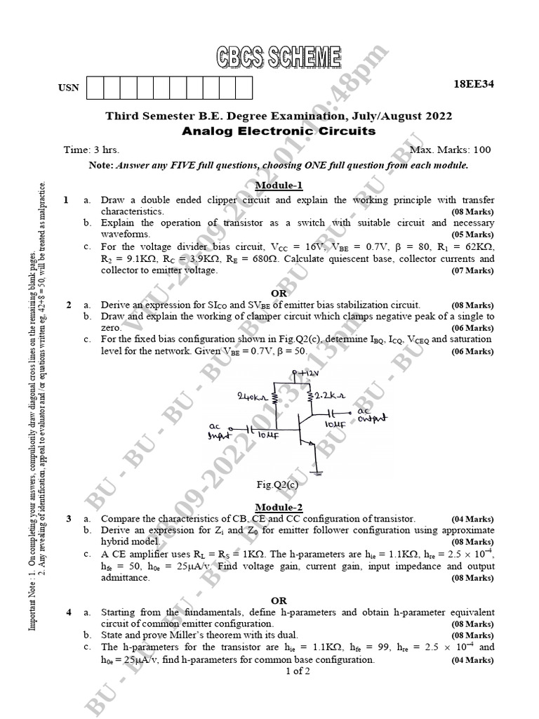 Analog Electronic Circuits Exam Papers | PDF | Amplifier | Electrical ...