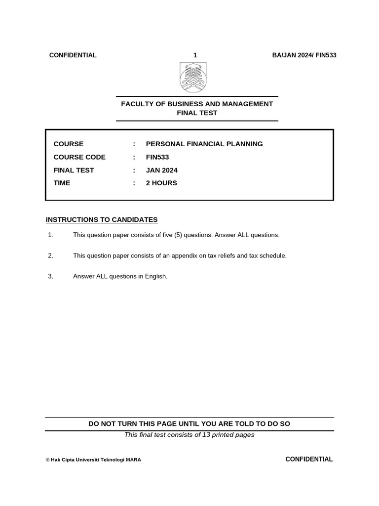 FIN533 Final Test January 2024 | PDF | Cost Of Living | Expense