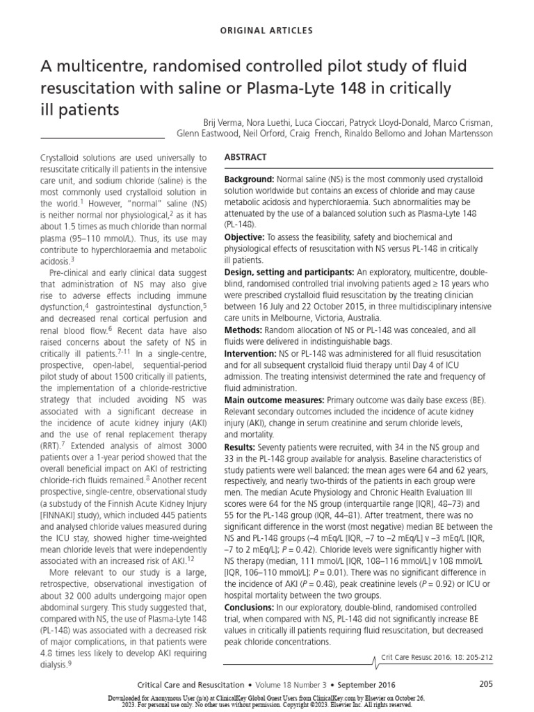 A Multicentre, Randomised Controlled Pilot Study of Fluid Resuscitation ...