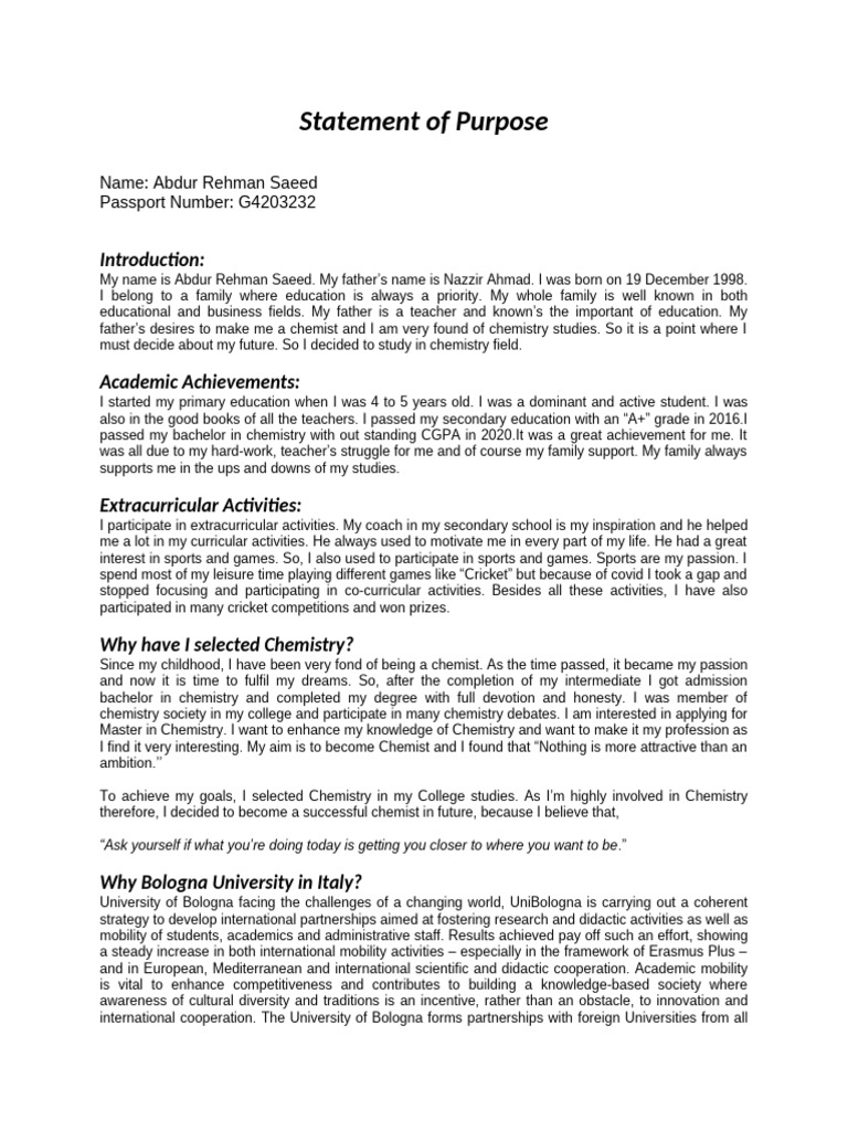 Statement of Purpose: Chemistry Master's at Bologna | PDF ...