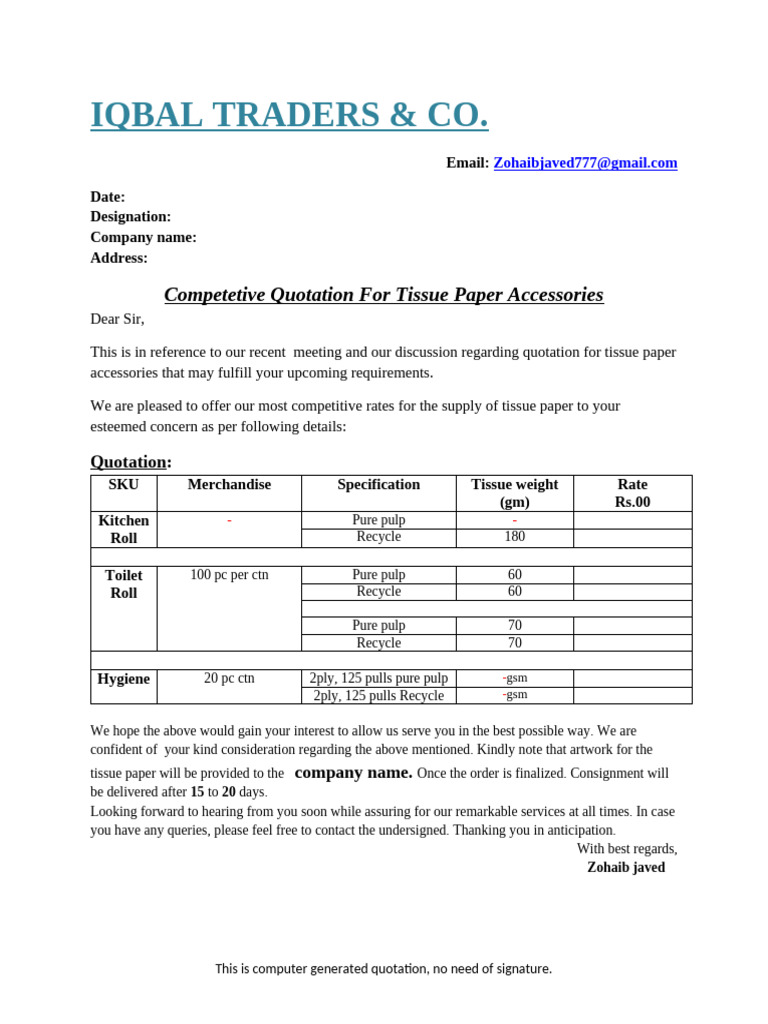 Sample Qoutation For Roll | PDF