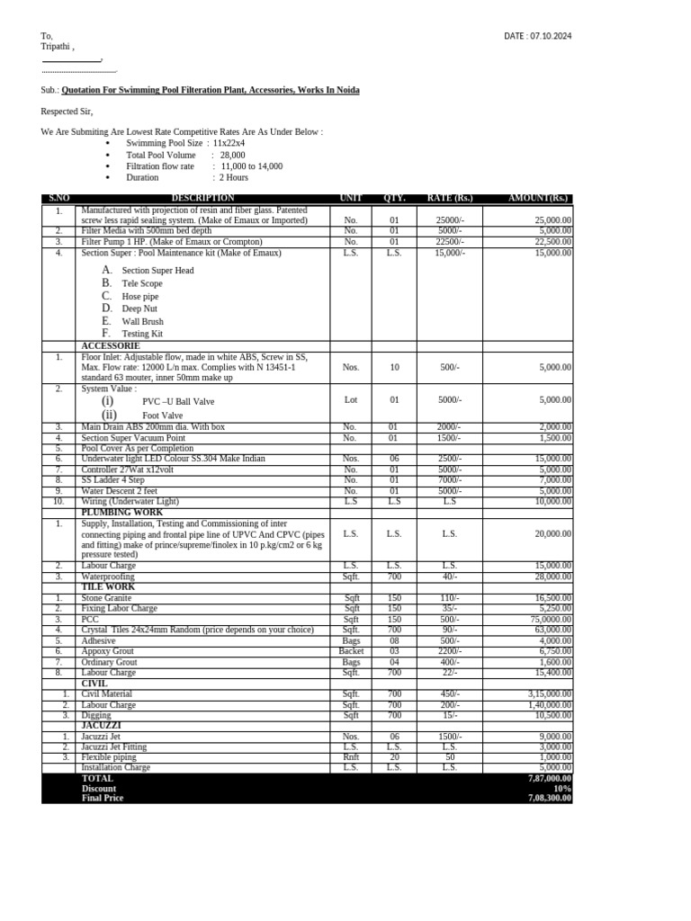 Noida Swimming Pool Quotation 2024 | PDF | Pipe (Fluid Conveyance ...