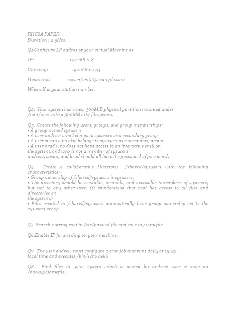 RHCSA Exam Practice Questions Guide | PDF | Home & Garden | Computers