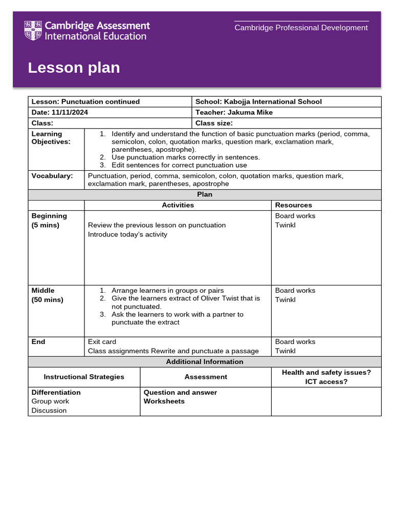 Punctuation Lesson Plan Overview | PDF
