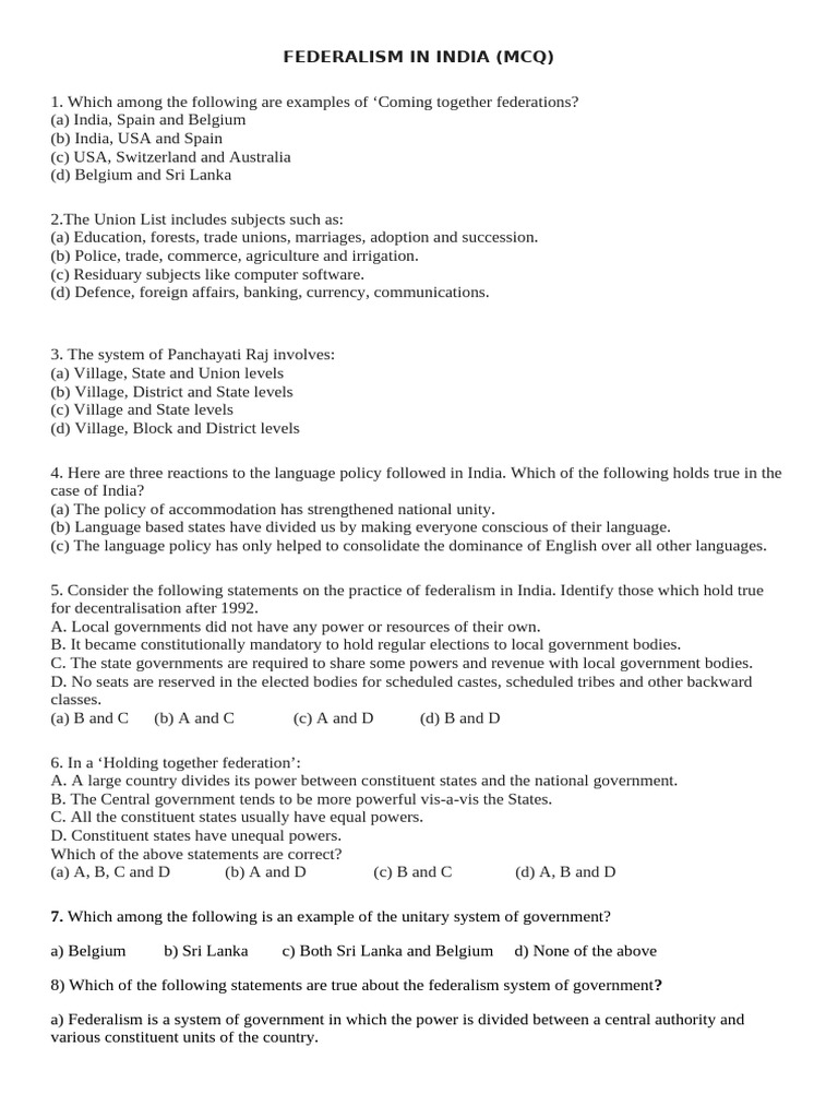 FEDERALISM (MCQ) | PDF | Federalism | Federation