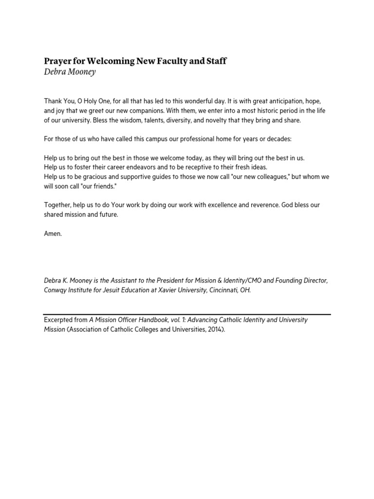 Prayer For Welcoming New Faculty and Staff Mooney | PDF