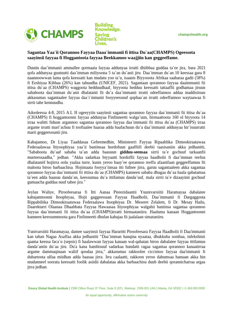 CHAMPS Network Meeting Press Release - VF Afaan Oromoo | PDF