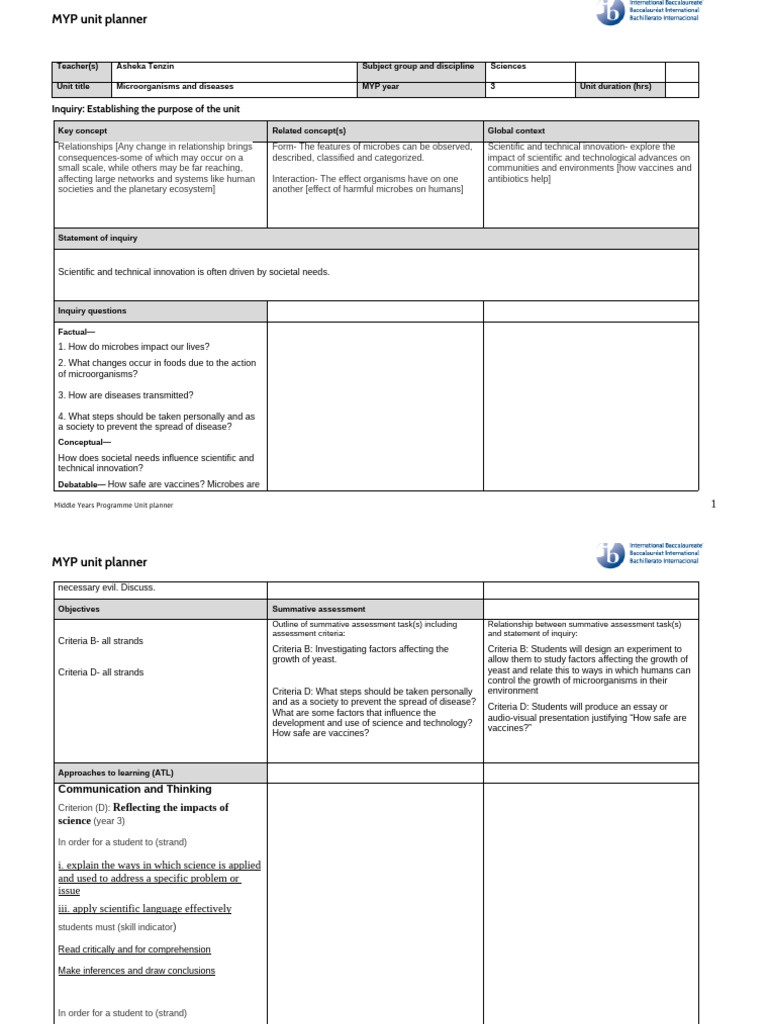 MYP Unit Planner - Microbes and Diseases | PDF | Pandemic | Influenza