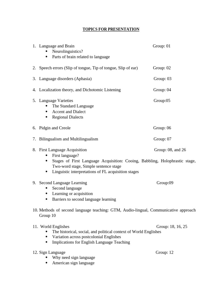 Language Presentation Topics List | PDF | Semantics | Language Acquisition