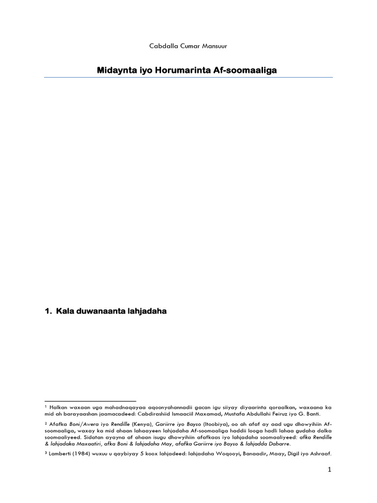 Midaynta Iyo Horumarinta Af-Soomaaliga Cabdalla Cumar Mansuur | PDF