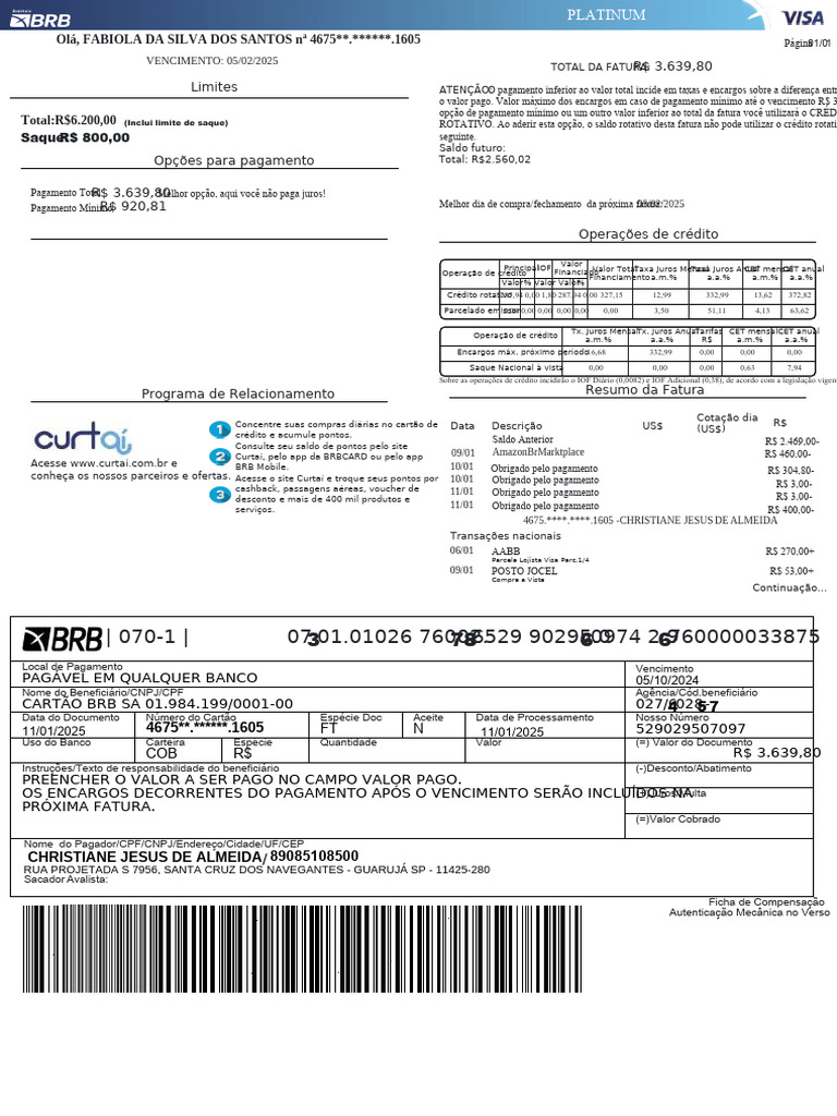 Fatura do Cartão BRB Mastercard | PDF | Cupom | Serviços financeiros