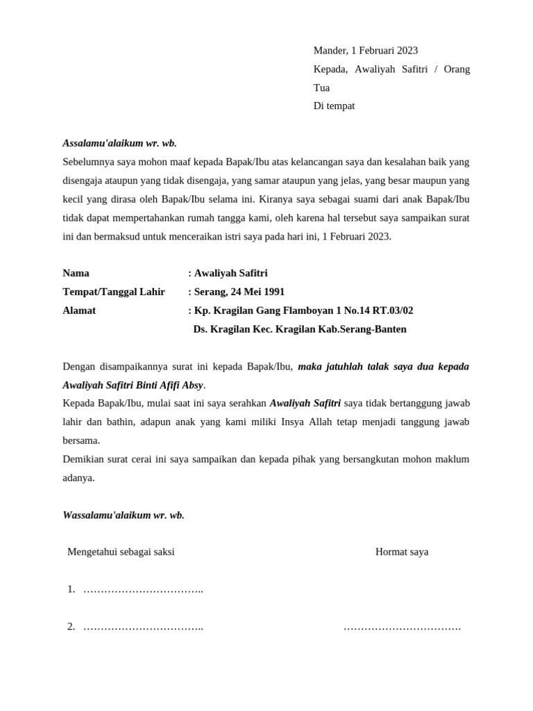 Surat Talak Resmi Suami kepada Istri | PDF